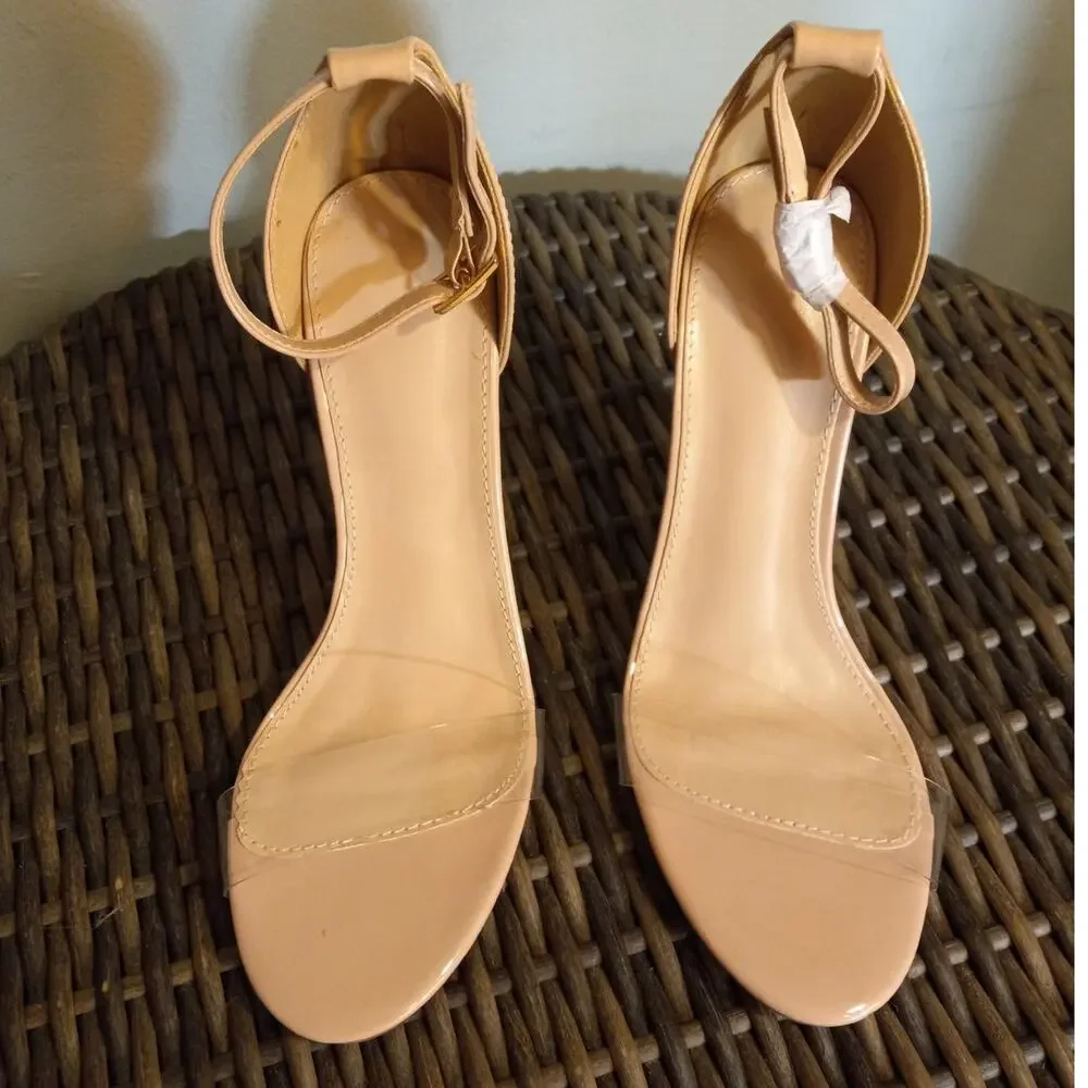 NIB Mei Oi Nude Clear Heel Sandals Sz 8 Lucite Block Heel Ankle Strap Statement - Picture 8 of 12